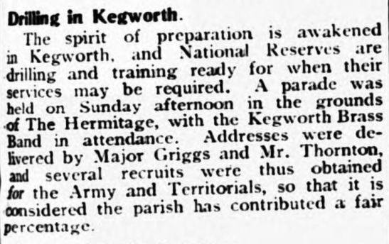 'Drilling in Kegworth'. A 1914 report which mentions Kegworth Brass Band accompanying a local military parade at the outbreak of World War I. Source: The Loughborough Echo, 4 September 1914, p. 5, col. 1 (via The British Newspaper Archive).