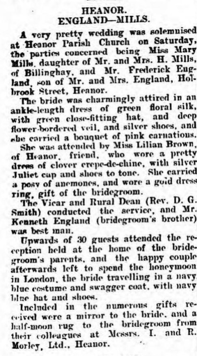 Article describing the marriage of Frederick England and Julia Mills at Heanor, 16 April 1938. Source: Ripley and Heanor News, 22 April 1938, p. 7, co. 1 (via the British Newspaper Archive).